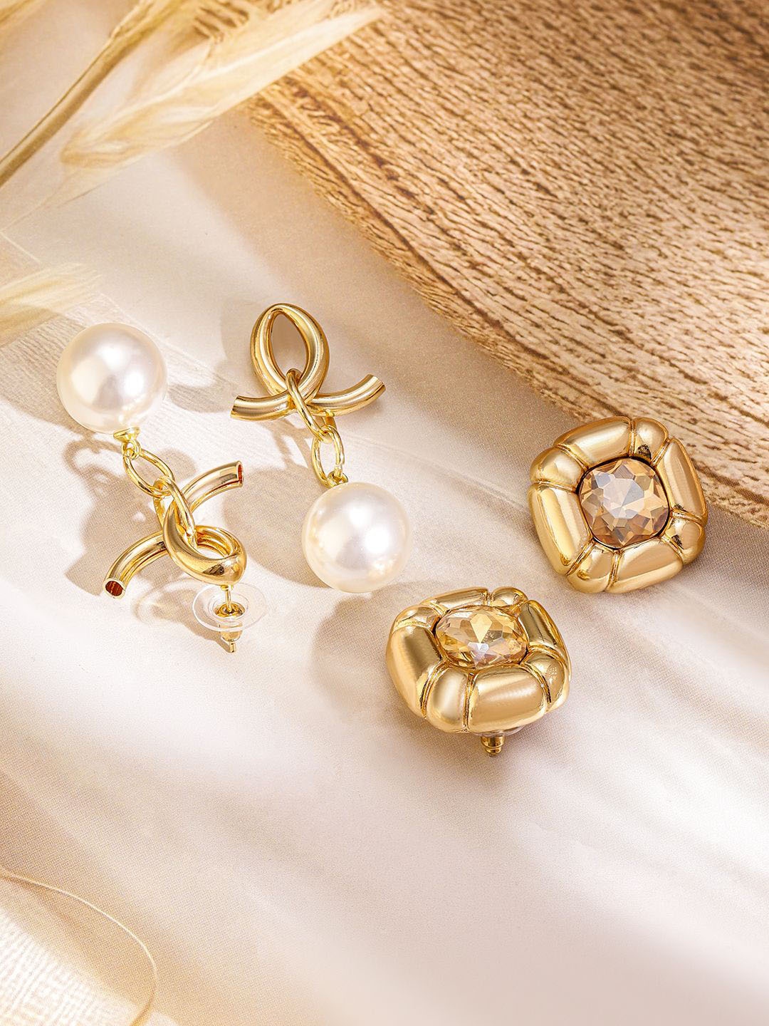 

Rubans Set of 2 18K Gold-Plated Pearls Studded Contemporary Shaped Drop Earrings