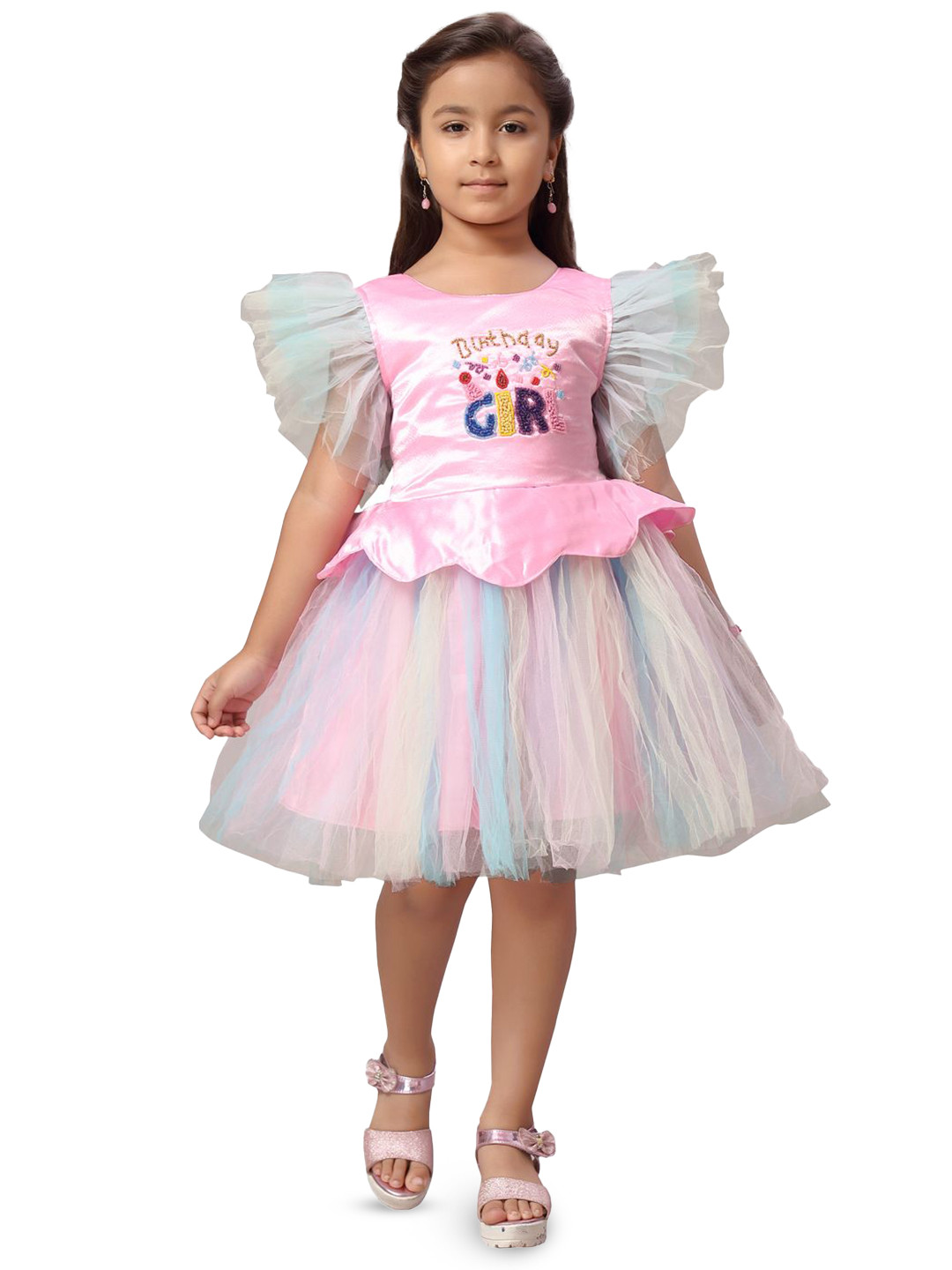 

Sangria Girls Flutter Sleeve Net Fit & Flare Dress, Pink