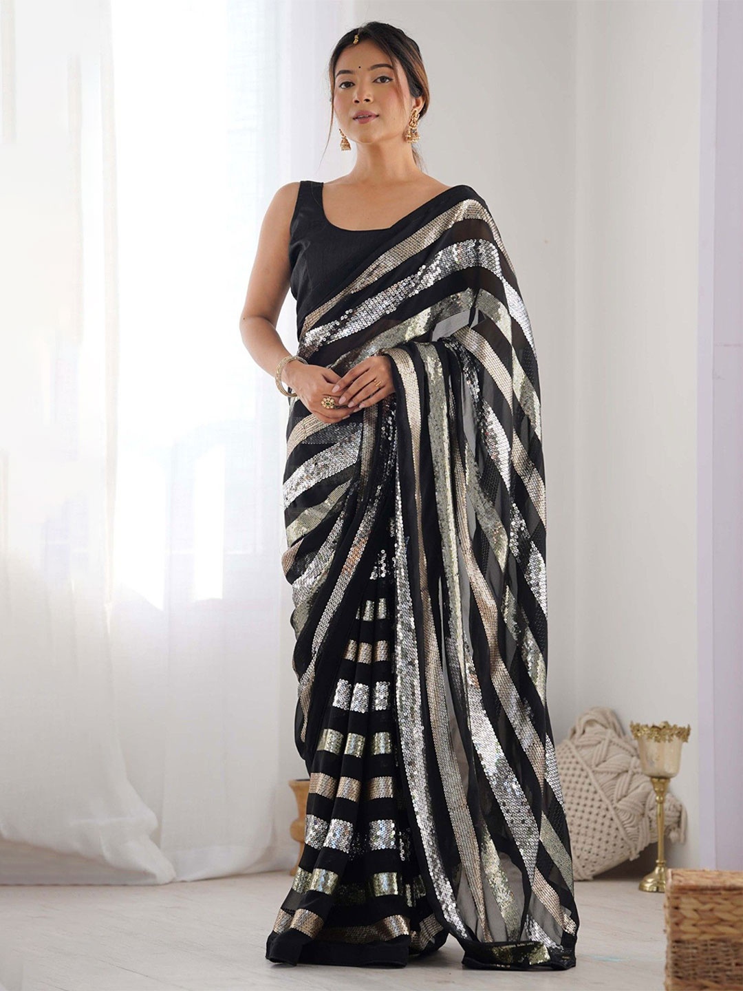 

MySilkLove Striped Sequinned Pure Georgette Saree, Black