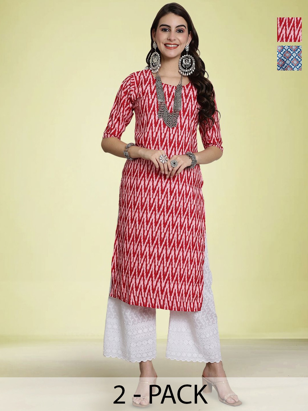 

Moda Rapido Selection Of 2 Chevron Printed Round Neck Straight Kurtas, Red