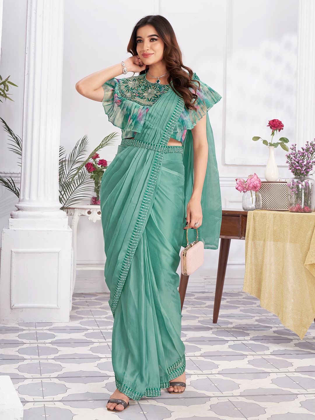 

Krimmple Embroidered Pure Georgette Ready to Wear Belted Sarees, Green