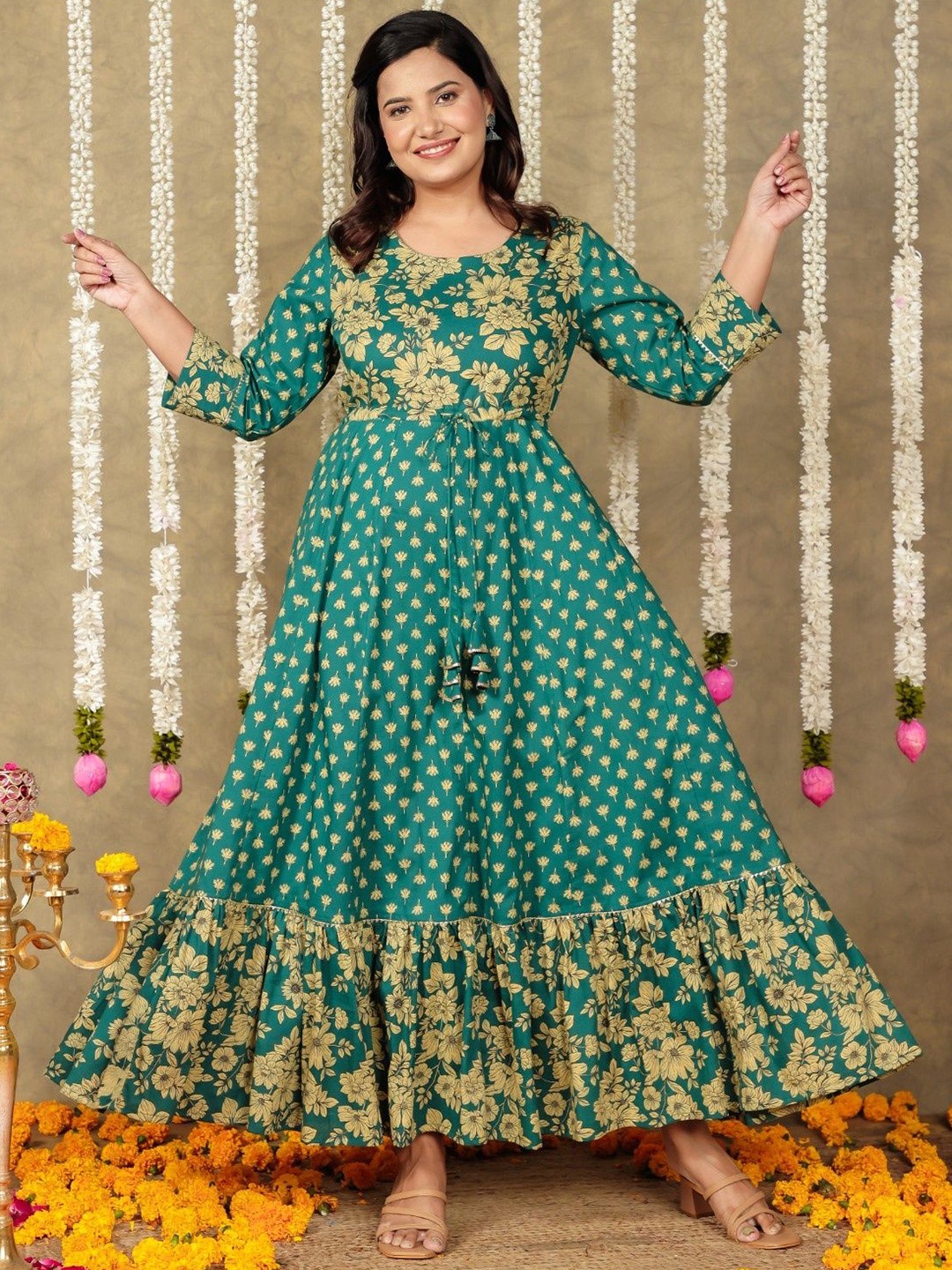 

Aramya Floral Printed Tiered Cotton Anarkali Kurta, Green