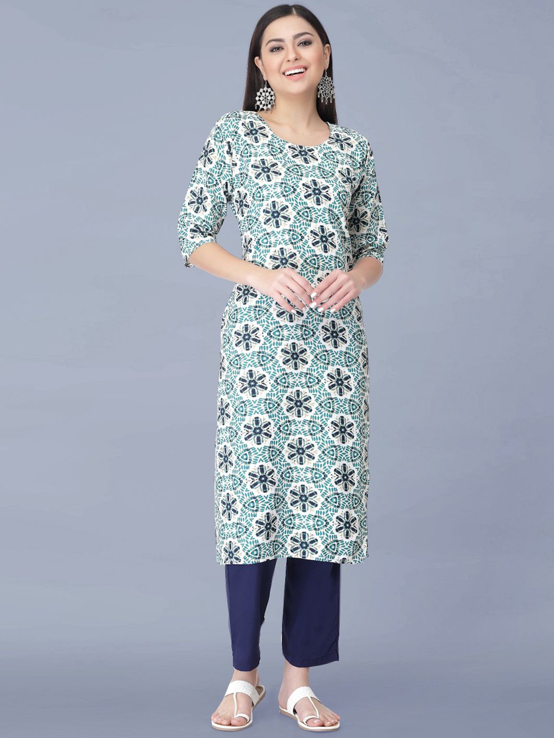 

Moda Rapido Ethnic Motifs Printed Round Neck Straight Kurta With Trousers, White