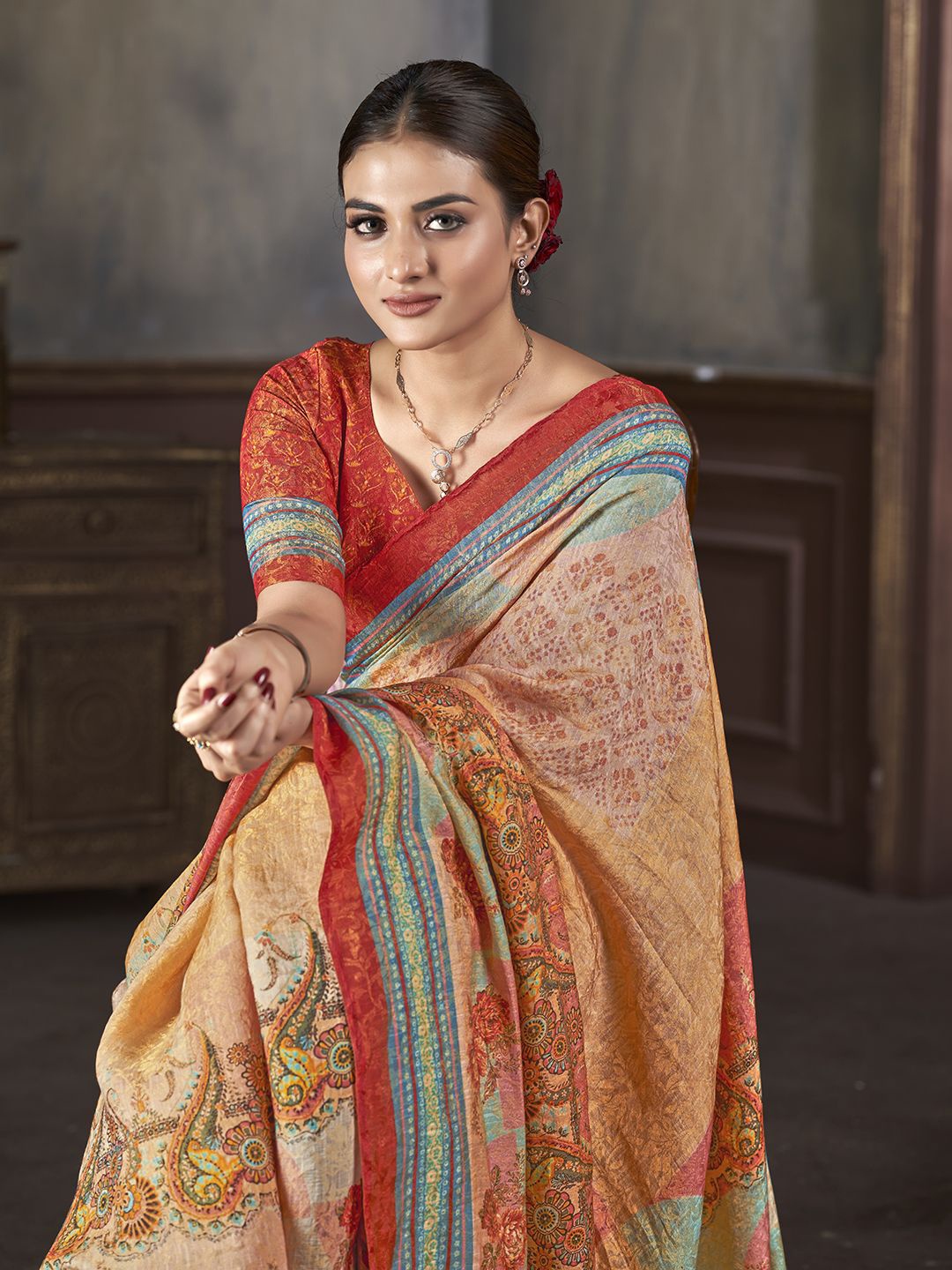 

Krimmple Ethnic Motifs Pure Silk Saree, Peach
