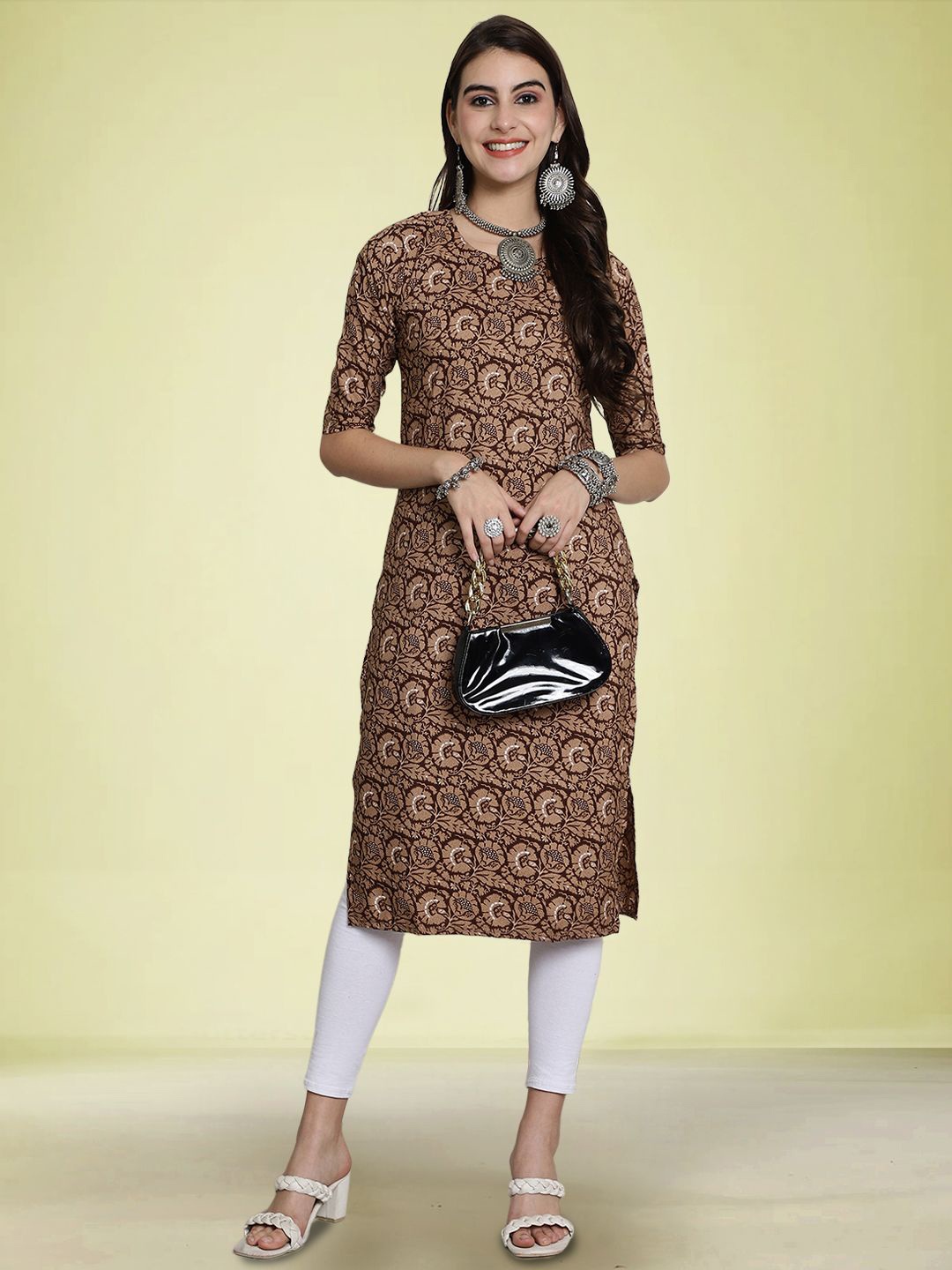 

Moda Rapido Floral Printed Round Neck Straight Kurta, Beige