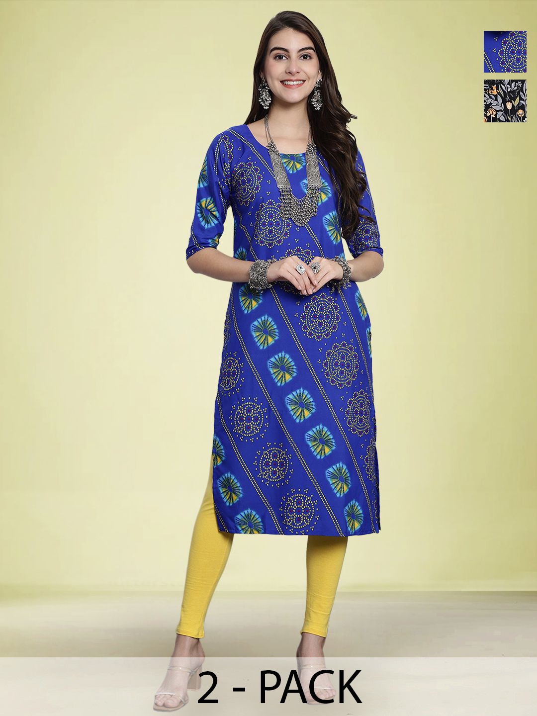 

Moda Rapido Selection Of 2 Ethnic Motifs Printed Round Neck Straight Kurtas, Blue