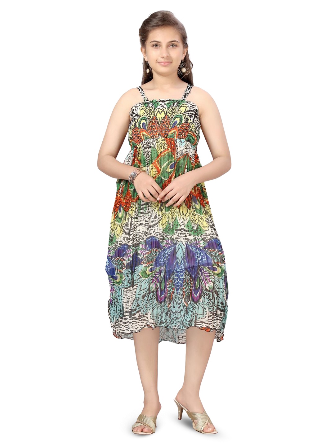 

HERE&NOW Girls Tropical Printed A-Line Midi Dress, Green