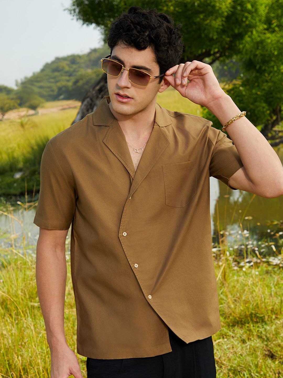 

Campus Sutra Men Comfort Fit Cuban Collar Solid Cotton Casual Shirt, Brown