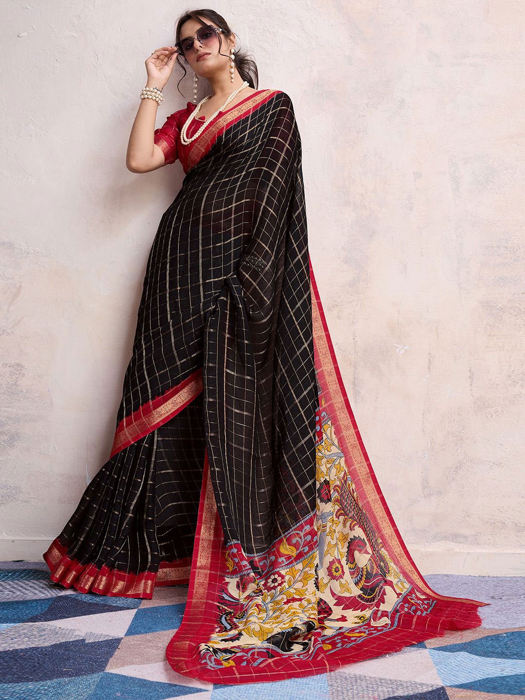 

Mitera Checked Zari Banarasi Saree, Black