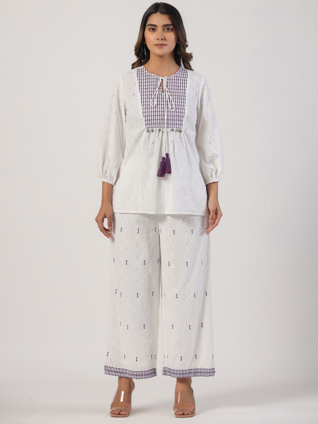 

STIL O STITCH Embroidered Tie-Up Neck Pure Cotton Top And Flared Trousers, White