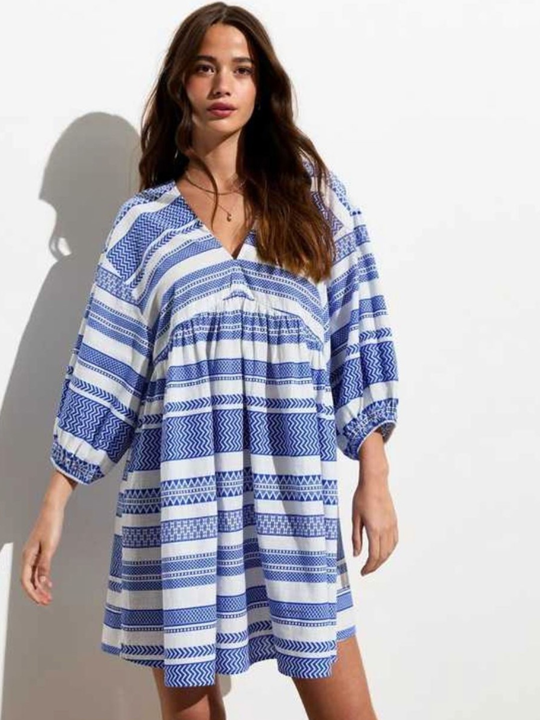 

DMPRSN ATTIRE Striped Puff Sleeve Empire Dress, Blue