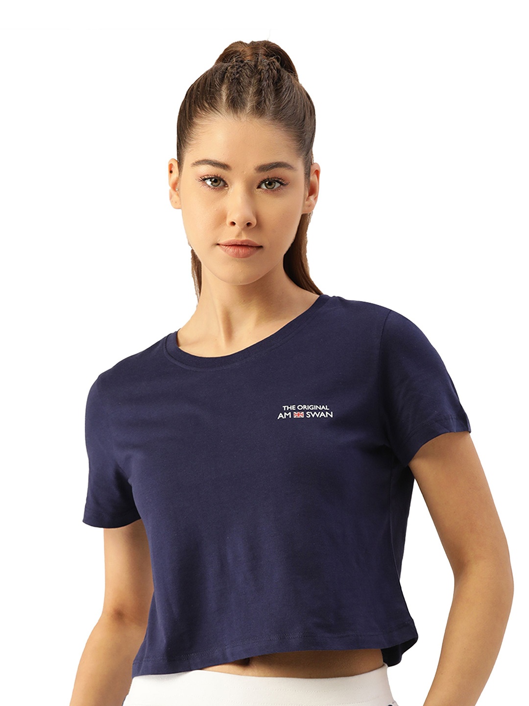 

AMSWAN Women Brand Logo Printed Cotton Crop T-shirt, Navy blue