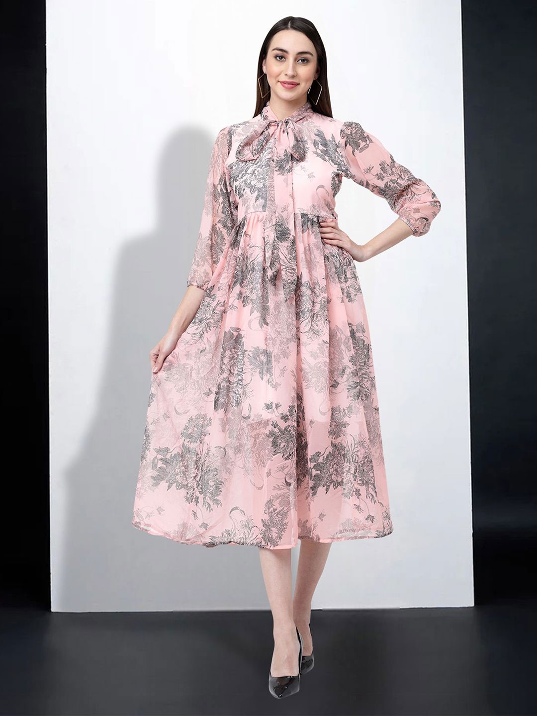 

MISS AYSE Floral Print Tie-Up Neck Applique Fit & Flare Dress, Pink