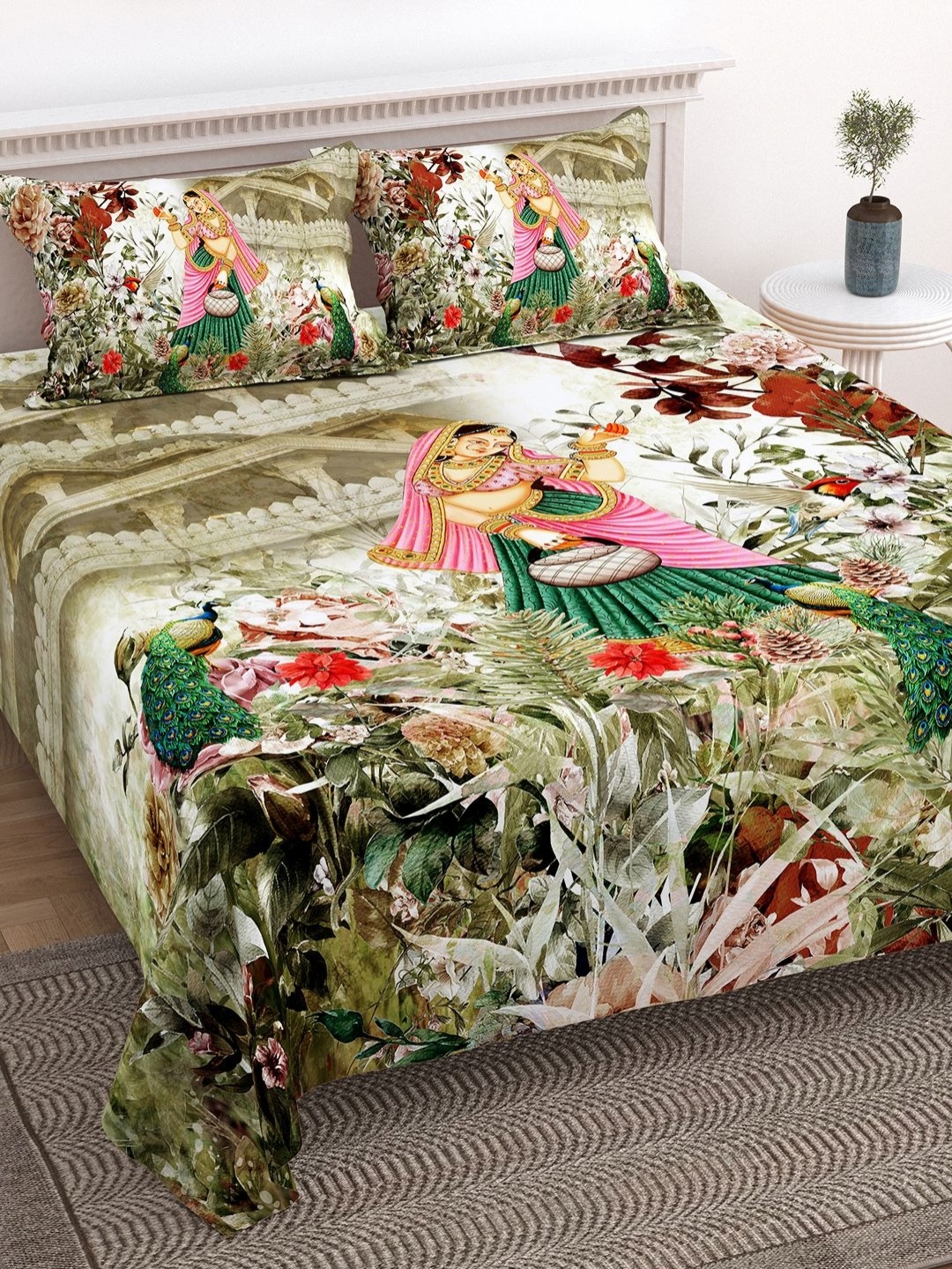 

BELLA CASA White & Green Motifs Printed Pure Cotton 300TC King Bedsheet Sets 2.74m x 2.74m