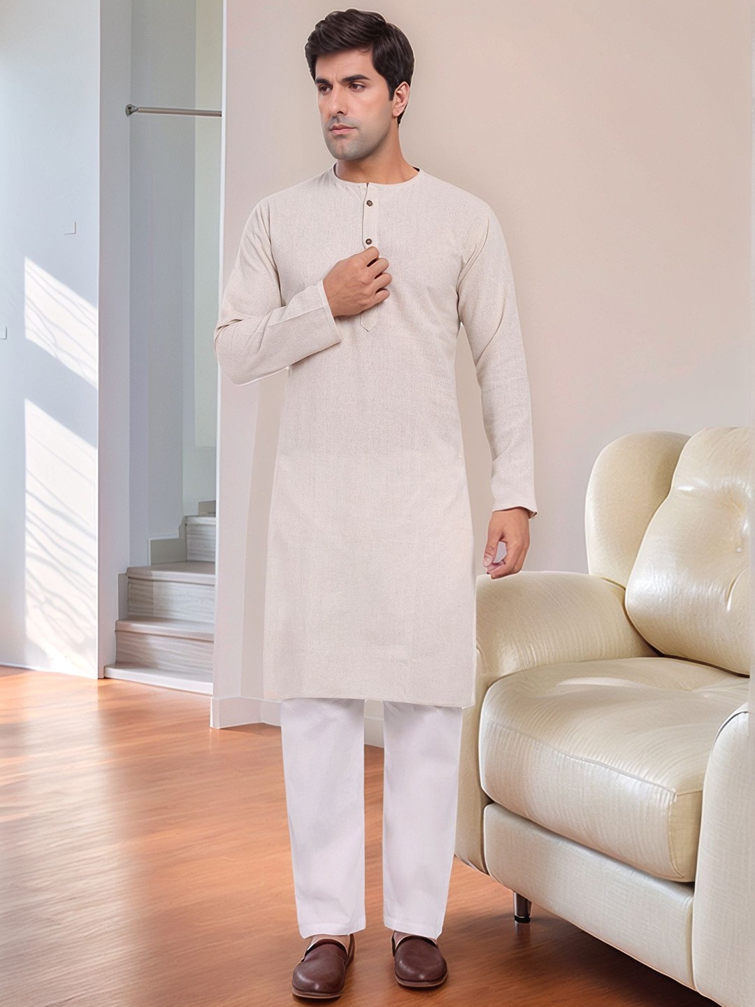 

Moda Rapido Men Round Neck Pure Cotton Straight Kurta With Pyjamas, Off white
