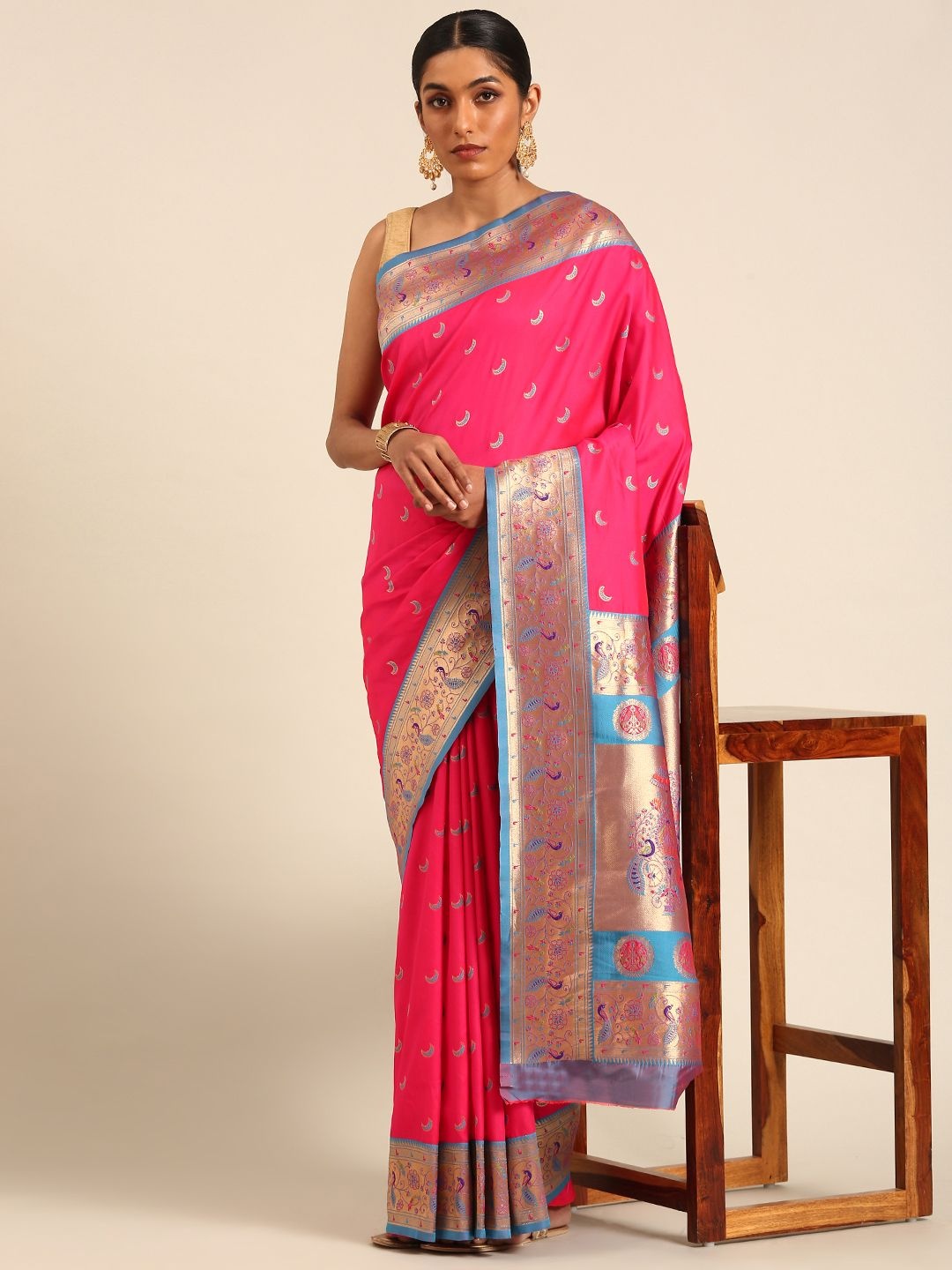 

Panzora Ethnic Motifs Zari Silk Blend Paithani Saree, Pink