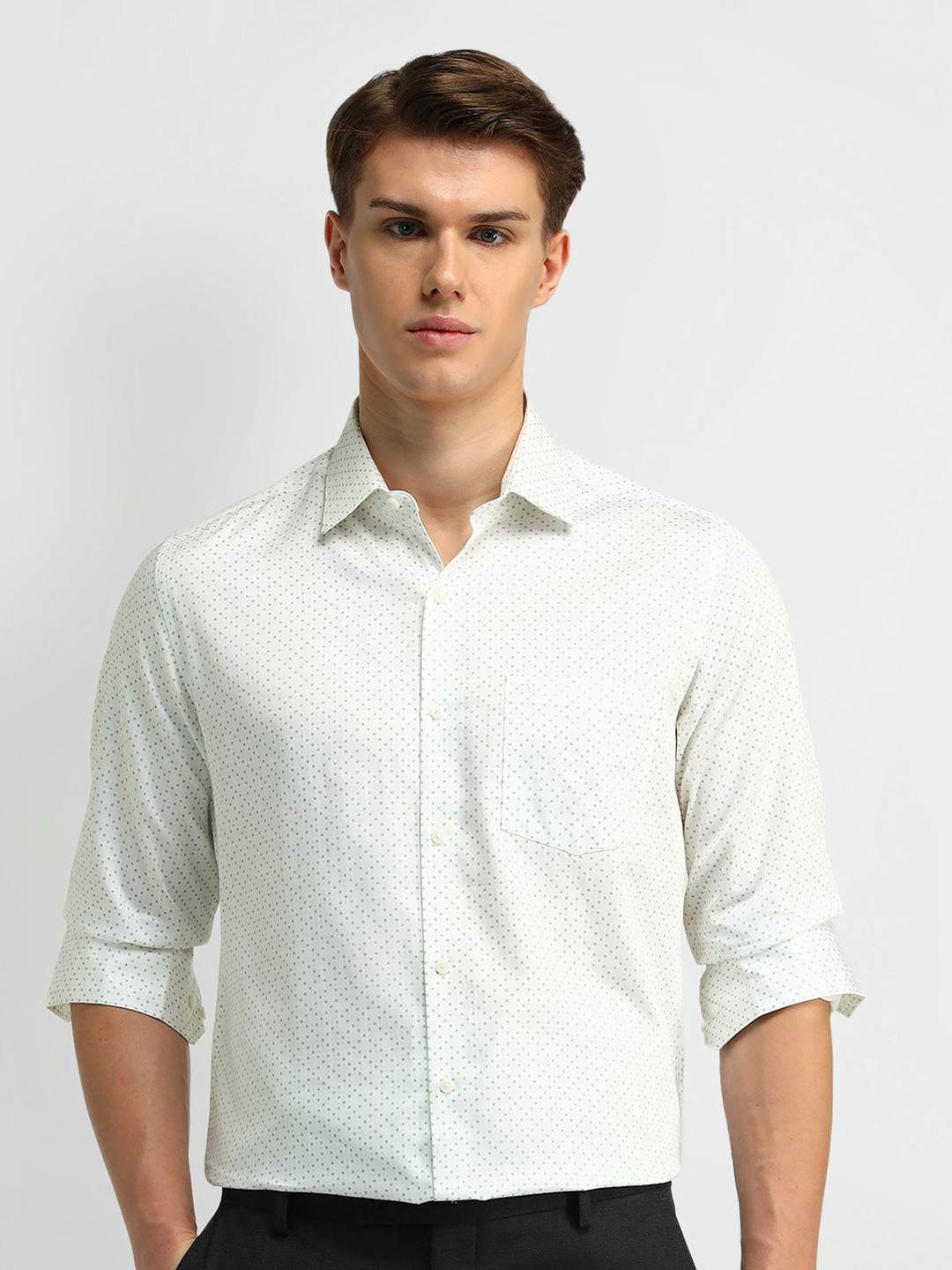

Arrow Men Classic Slim Fit Spread Collar Micro Ditsy Printed Cotton Formal Shirt, White