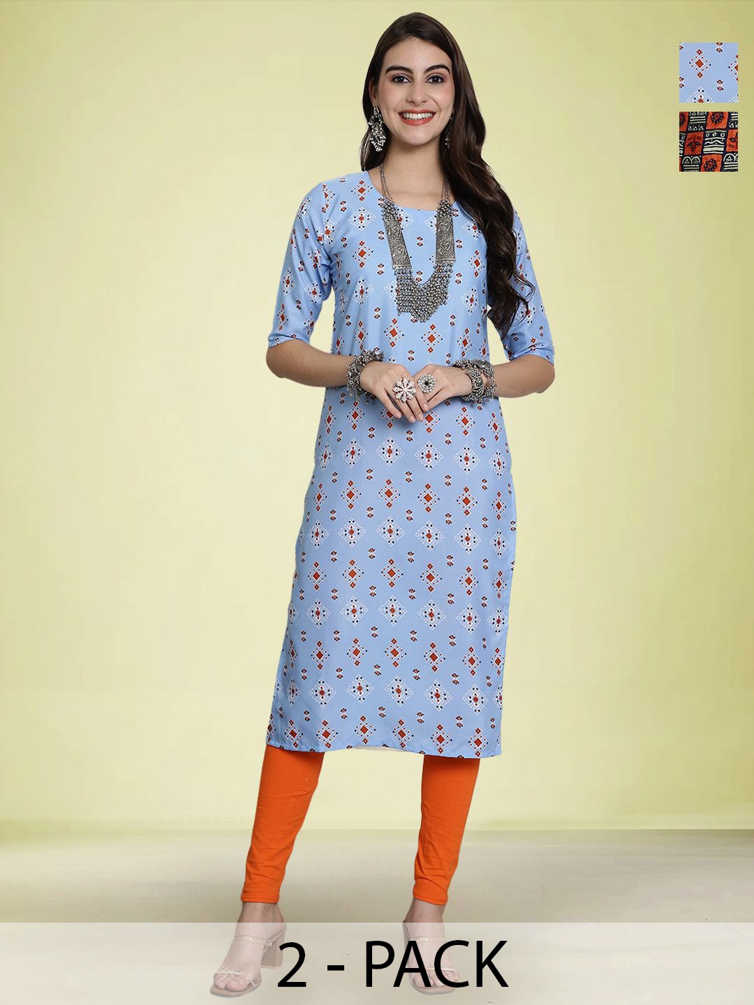 

Moda Rapido Selection Of 2 Geometric Printed Round Neck Straight Kurtas, Blue