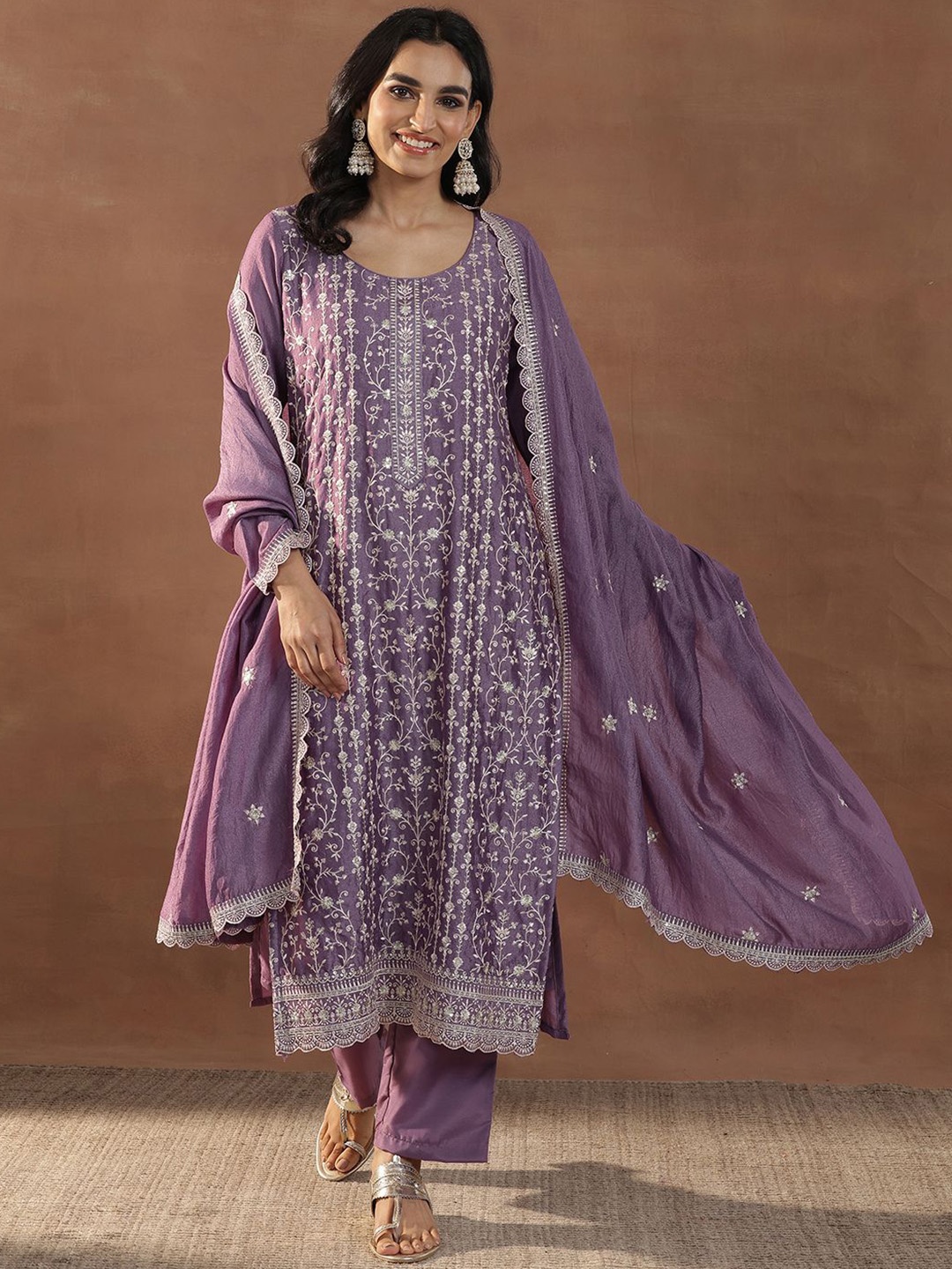 

Libas Purple Floral Embroidered Scoop Neck Sequinned Straight Kurta With Trouser & Dupatta