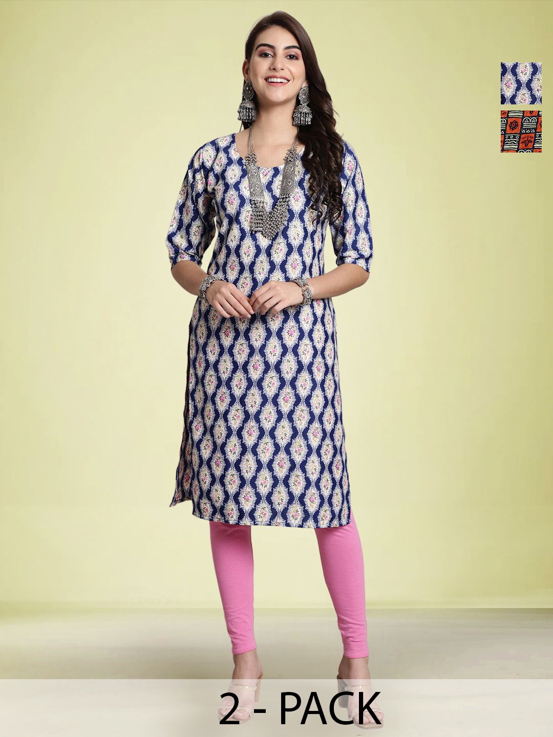 

Moda Rapido Selection Of 2 Floral Printed Round Neck Straight Kurtas, Blue
