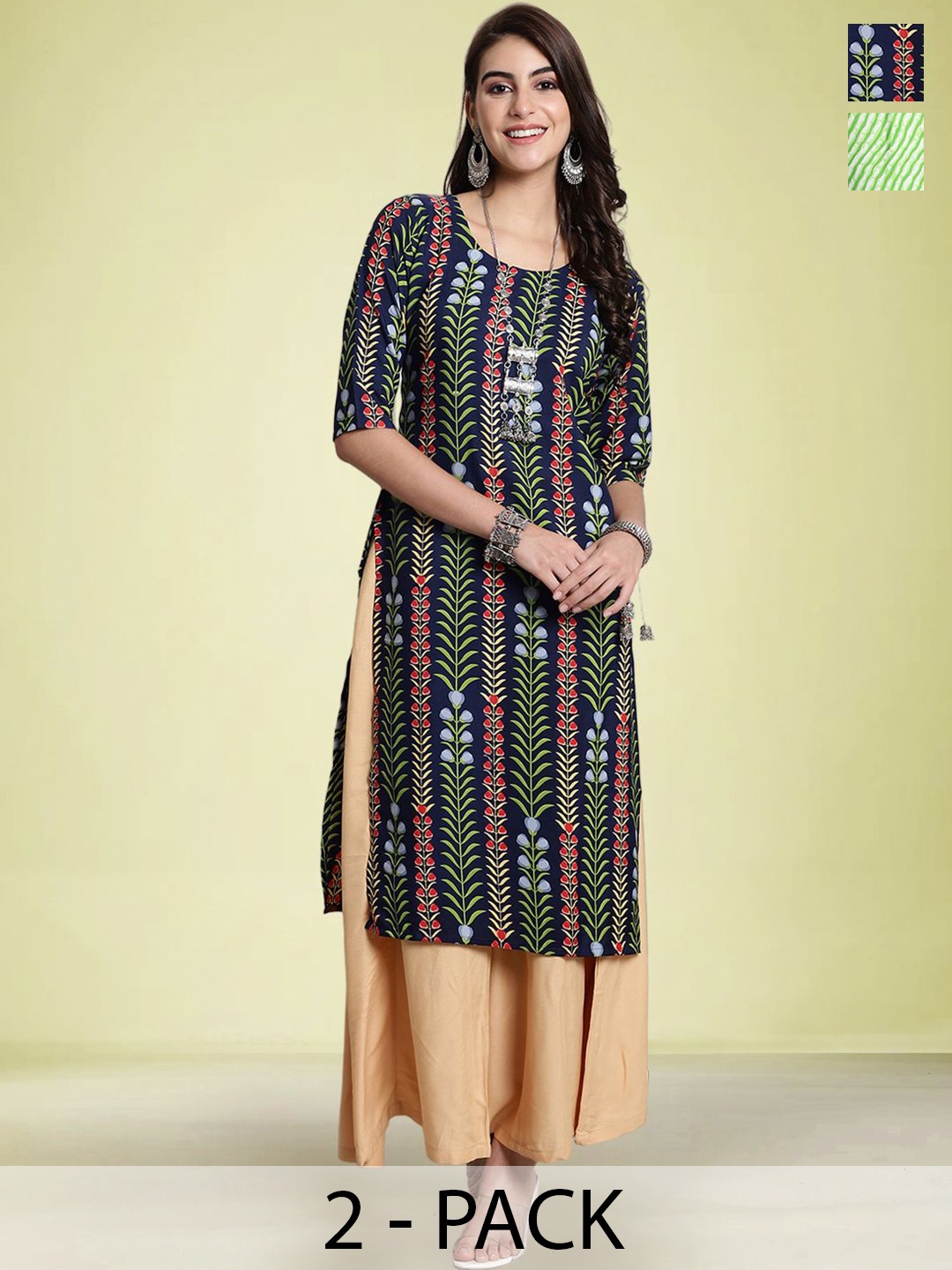 

Moda Rapido Selection Of 2 Floral Printed Round Neck Straight Kurtas, Navy blue