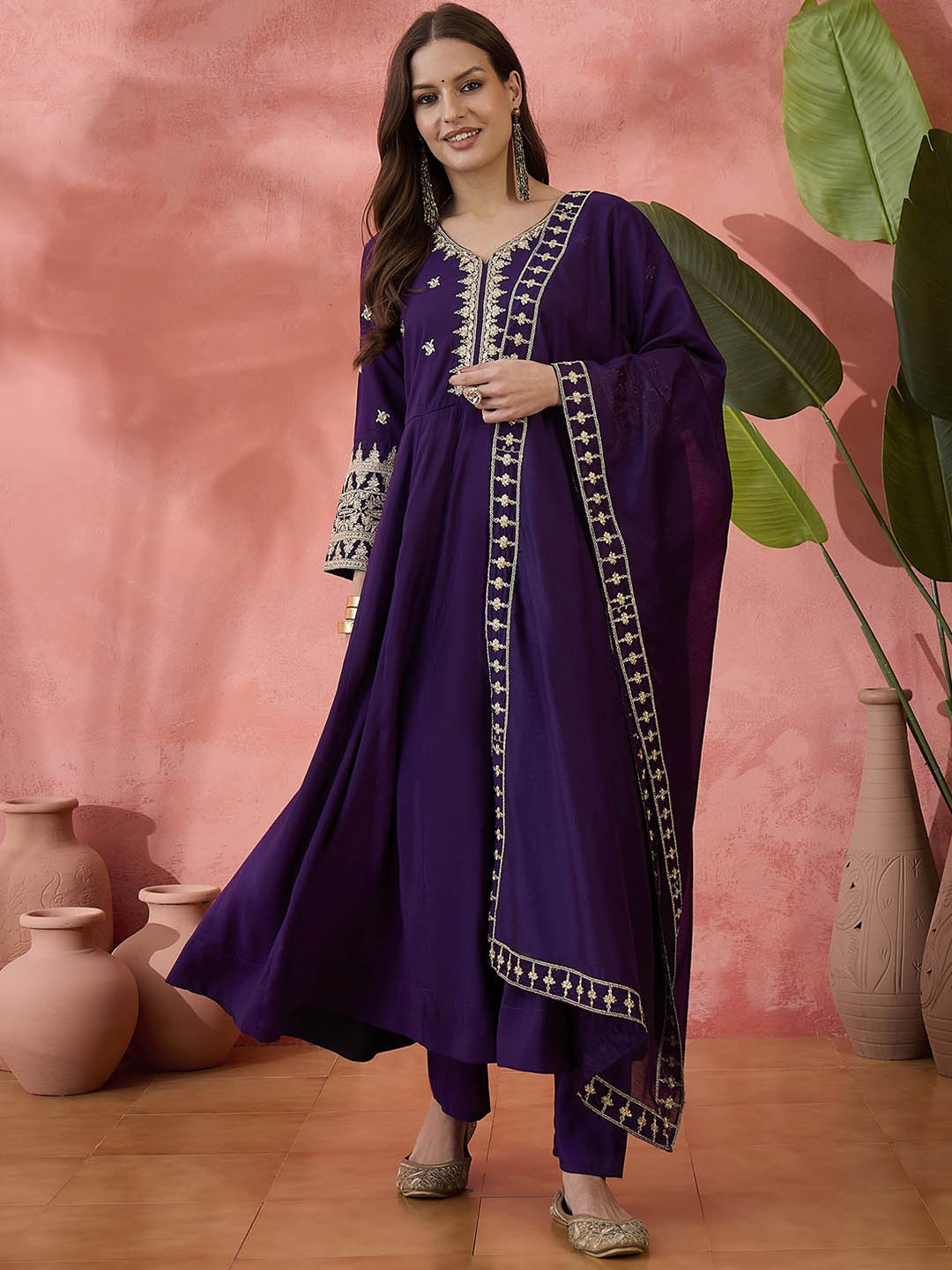 

Sangria Violet Floral Yoke Design Thread Work Anarkali Kurta And Trouser And Dupatta