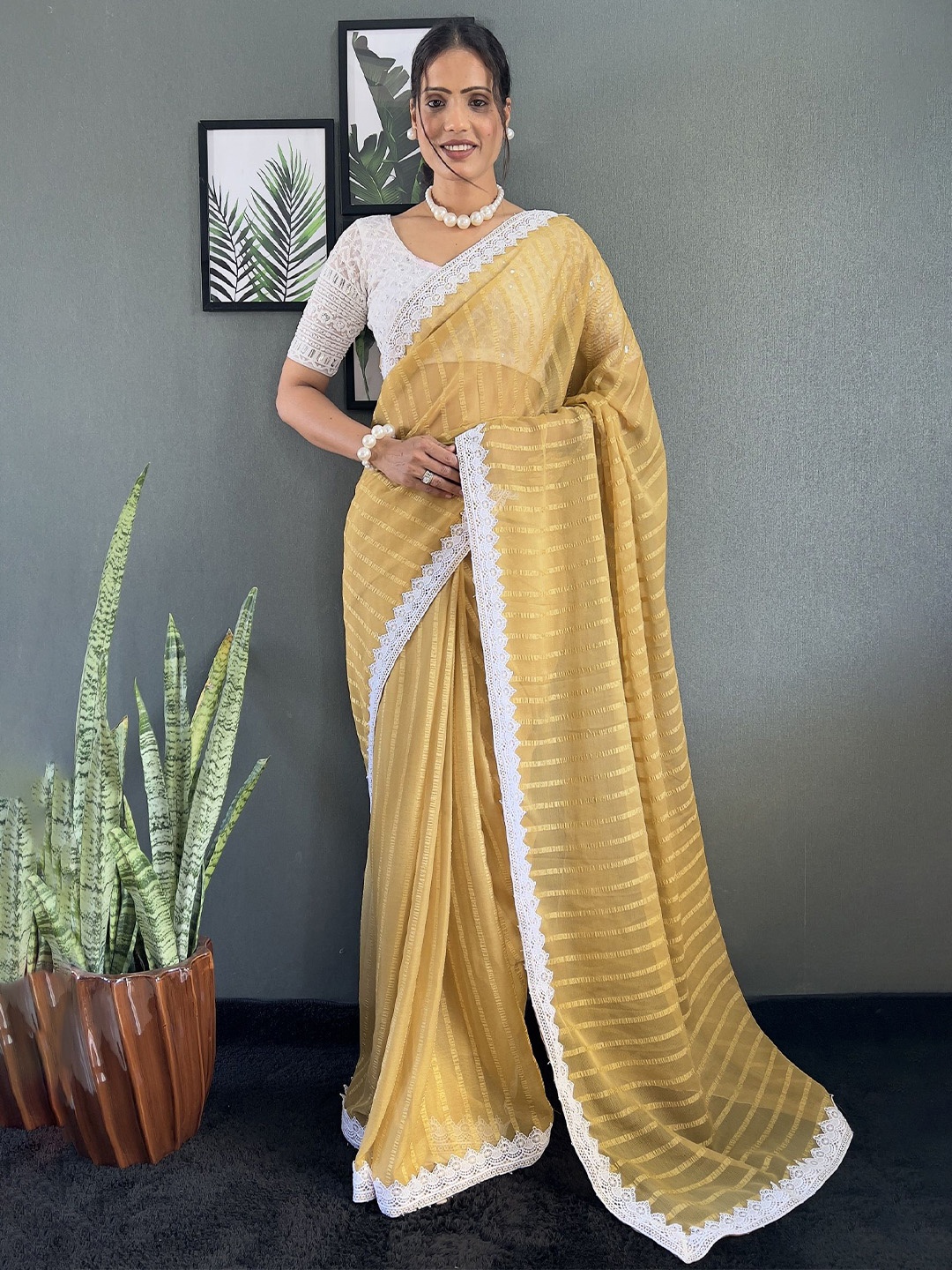 

LADY SHOPI Striped Gotta Patti Pure Chiffon Saree, Yellow