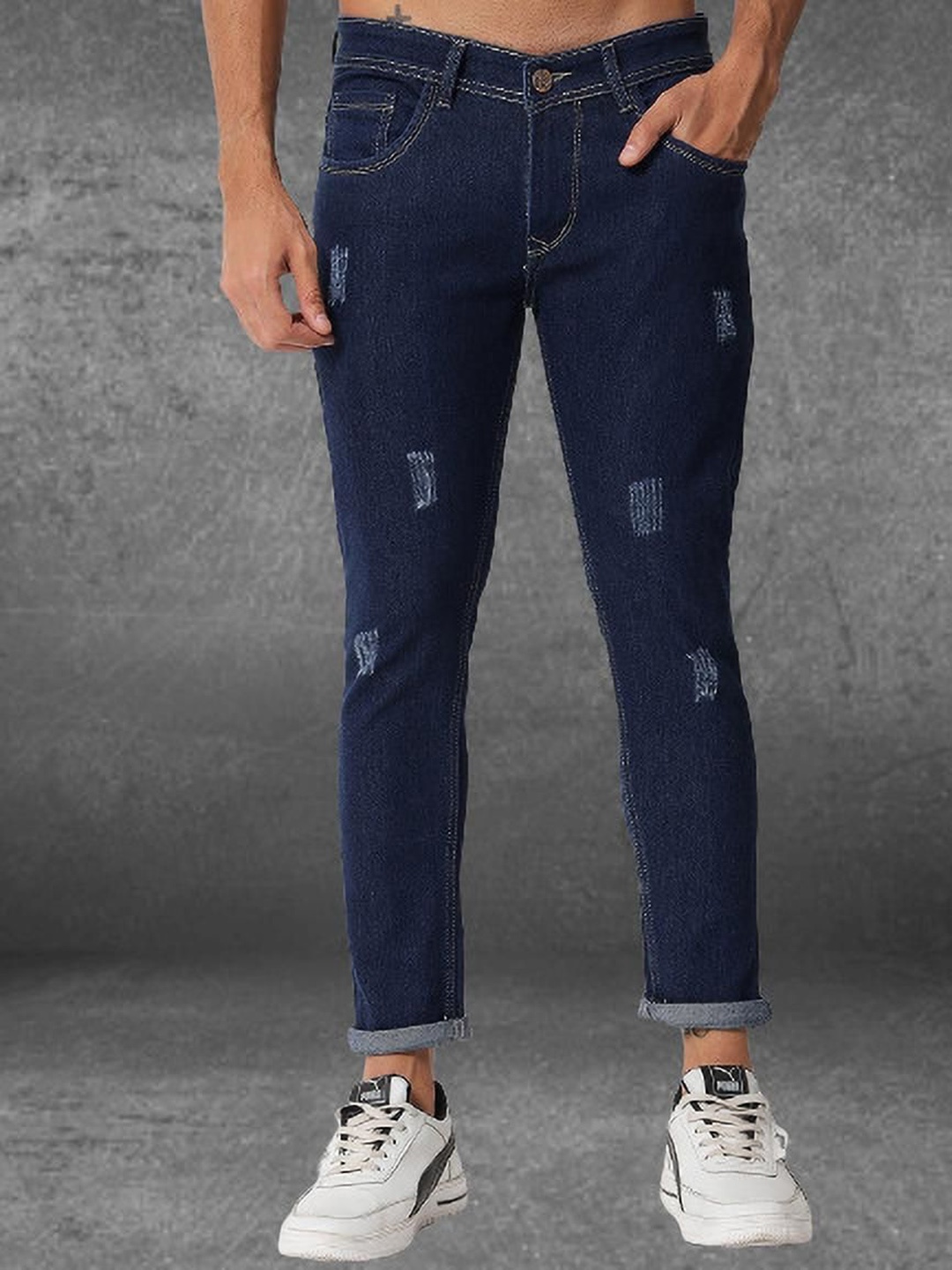 

Podge Men Slim Fit Mildly Distressed Mid-Rise Cotton Jeans, Blue
