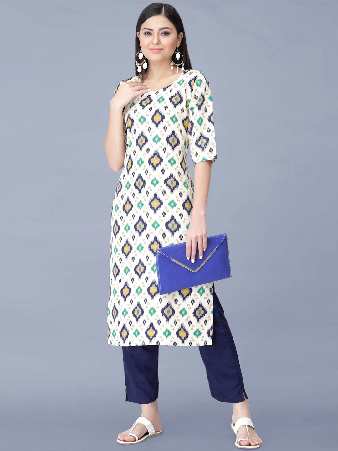 

Moda Rapido Ethnic Motifs Printed Round Neck Straight Kurta With Trousers, Off white