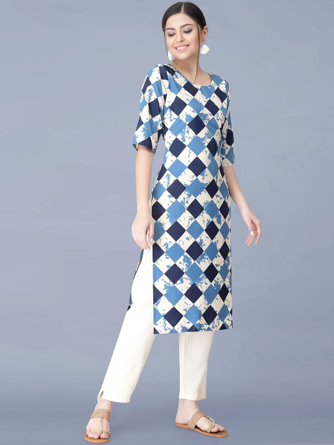 

Moda Rapido Checked Printed Round Neck Straight Kurta With Trousers, White