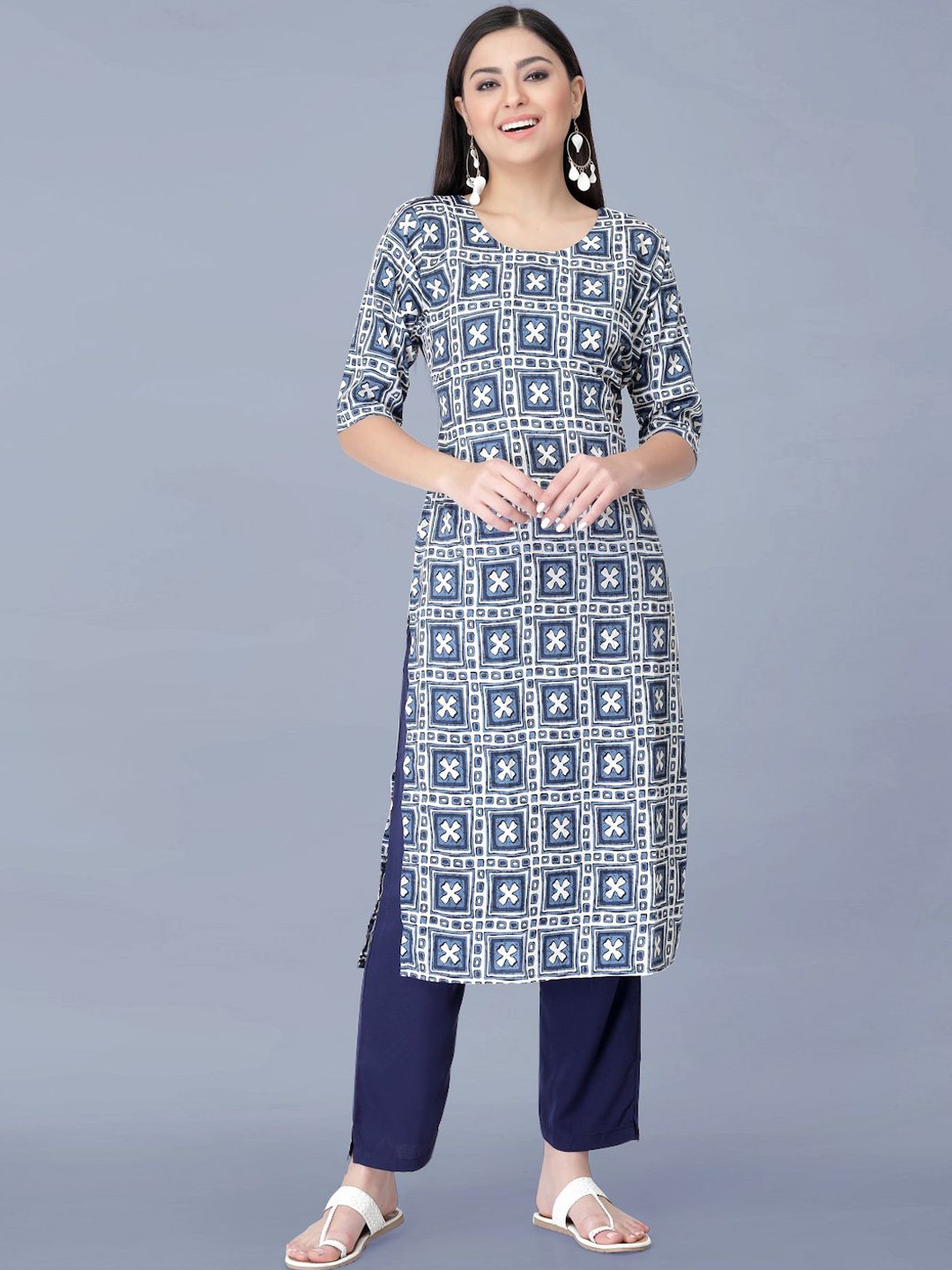 

Moda Rapido Geometric Printed Round Neck Straight Kurta With Trouser, Blue
