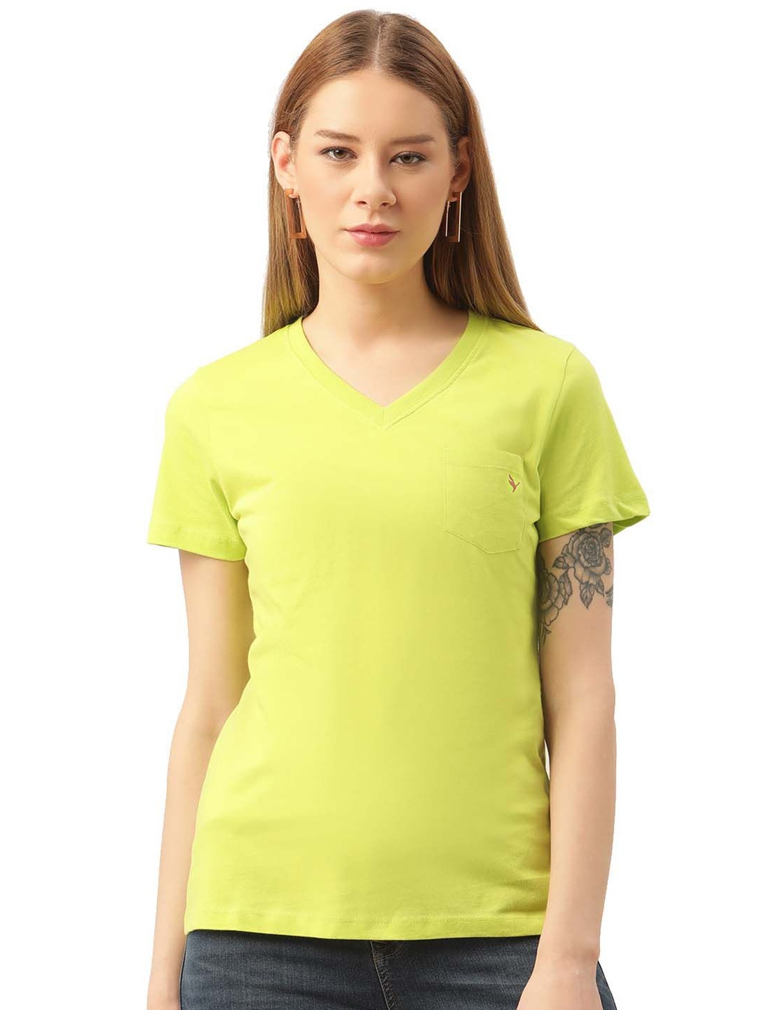 

AMSWAN Women V-Neck Slim Fit T-shirt, Lime green