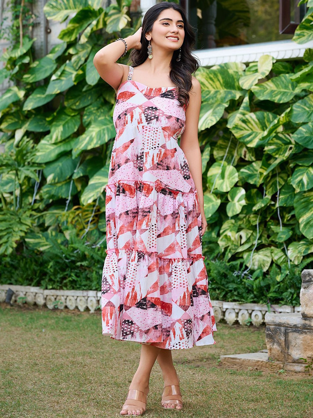 

VIBE VISION Abstract Printed Shoulder Straps Gathered Fit And Flare Dress, Pink