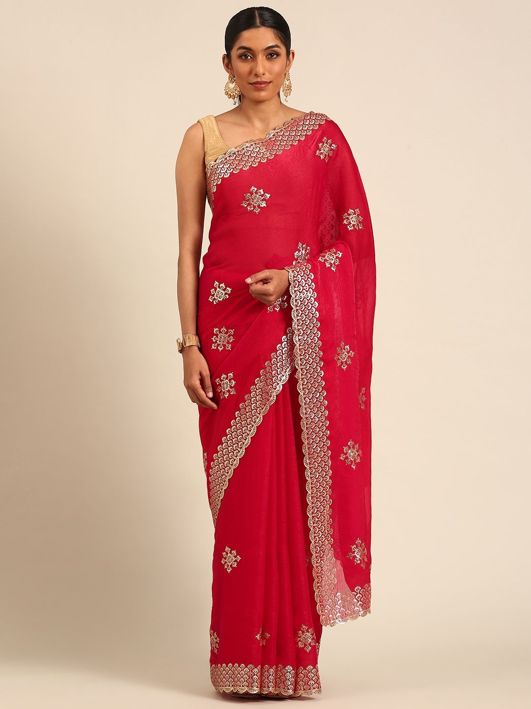 

Panzora Ethnic Motifs Embroidered Poly Chiffon Saree, Pink