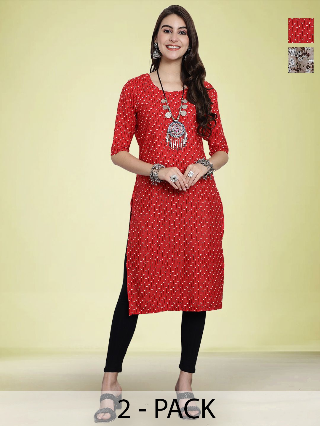 

Moda Rapido Pack of 2 Floral Printed Round Neck Straight Kurta, Red