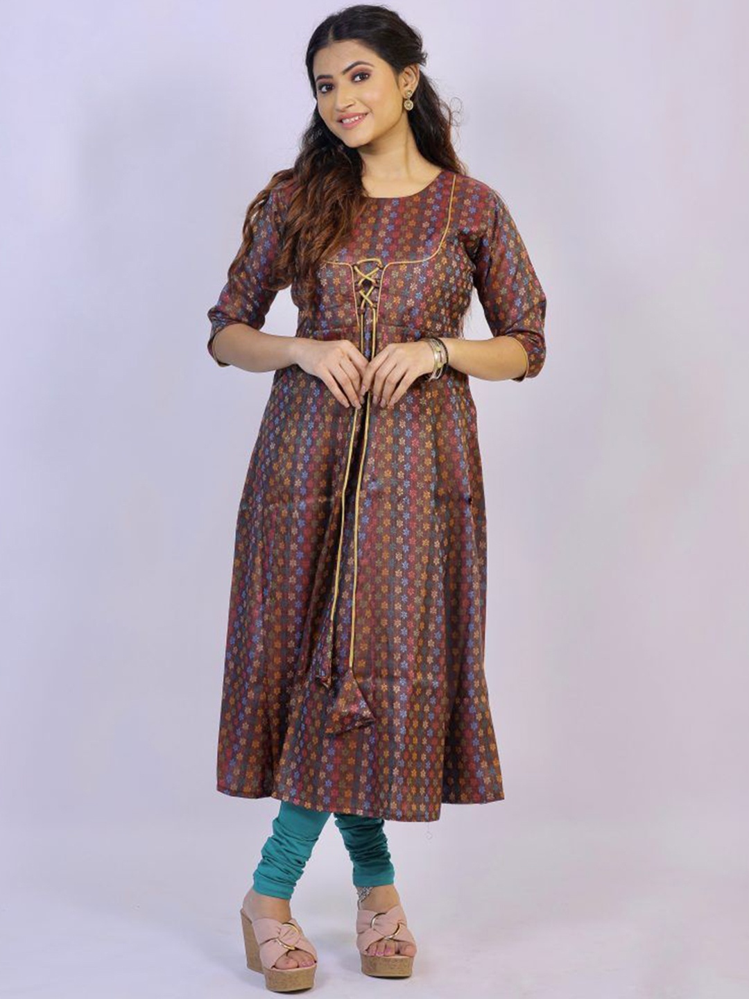 

La Trendzo Floral Printed Round Neck Block Print Panelled A-Line Kurta, Brown