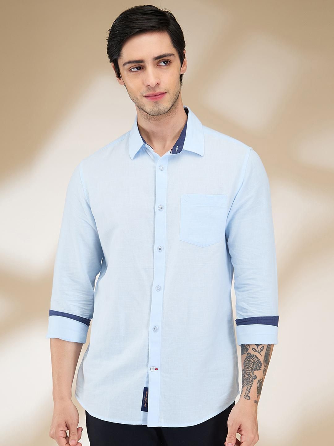 

Being Human Men Classic Fit Spread Collar Solid Cotton Linen Casual Shirt, Blue