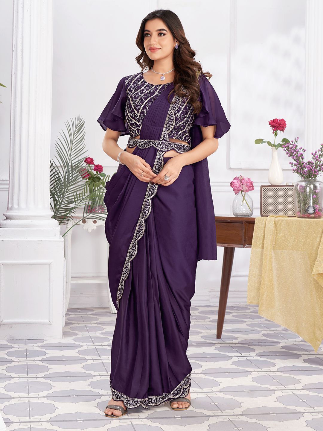 

Krimmple Beads and Stones Embellished Satin Ready to Wear Saree with Blouse, Purple