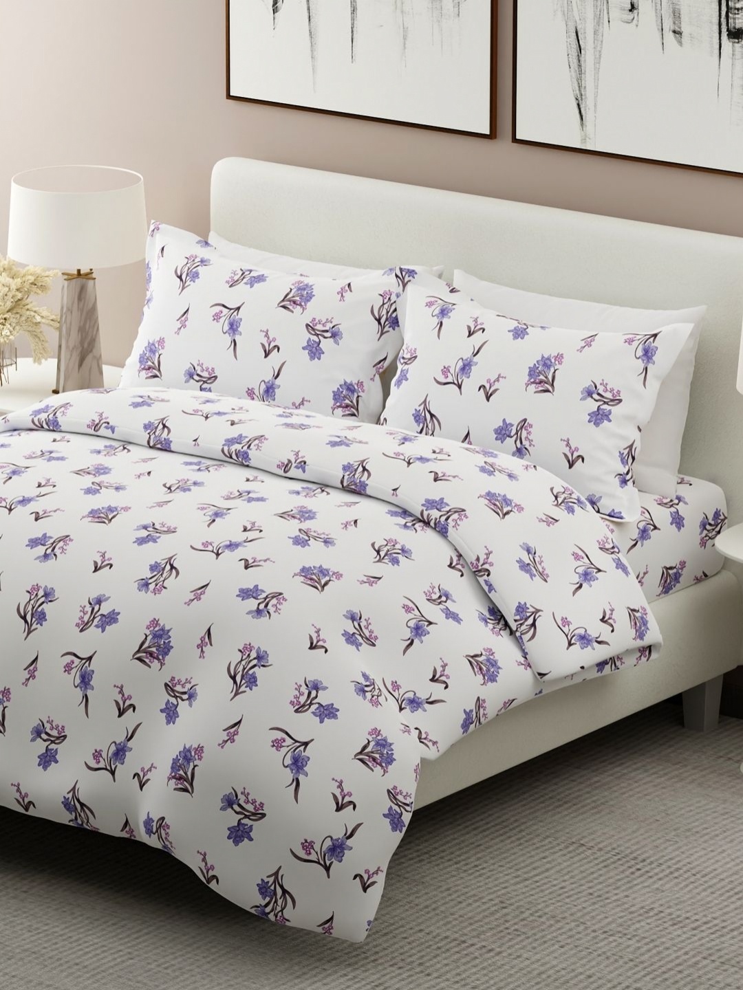 

Boutique Living India Nature Bouquet White Printed Cotton King Bedsheet Set 2.74m x 2.74m