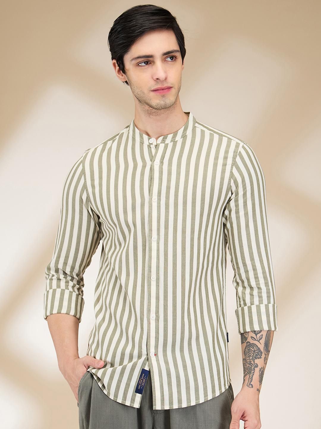 

Being Human Men Classic Fit Band Collar Vertical Striped Cotton Casual Shirt, Olive