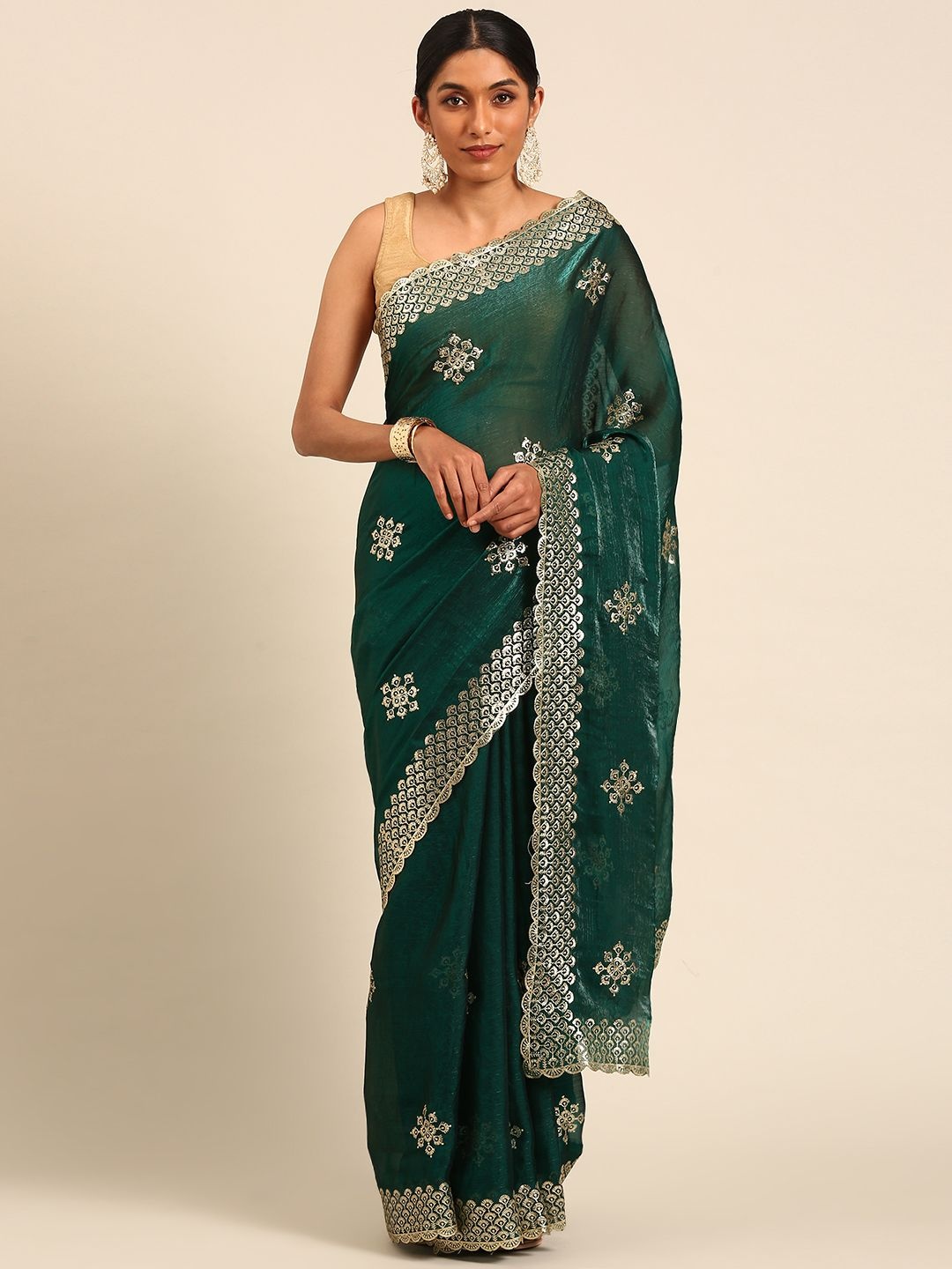 

Panzora Ethnic Motifs Embroidered Saree, Green