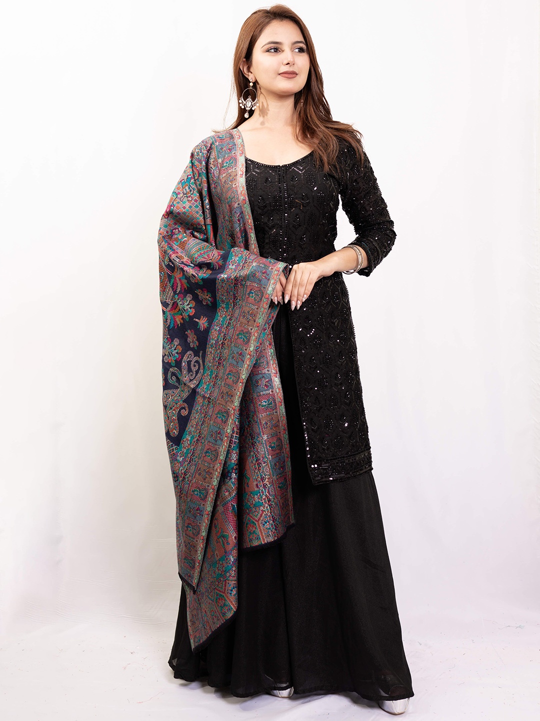 

PASHGIRI Ethnic Motifs Woven Design Pure Woollen Shawl, Navy blue