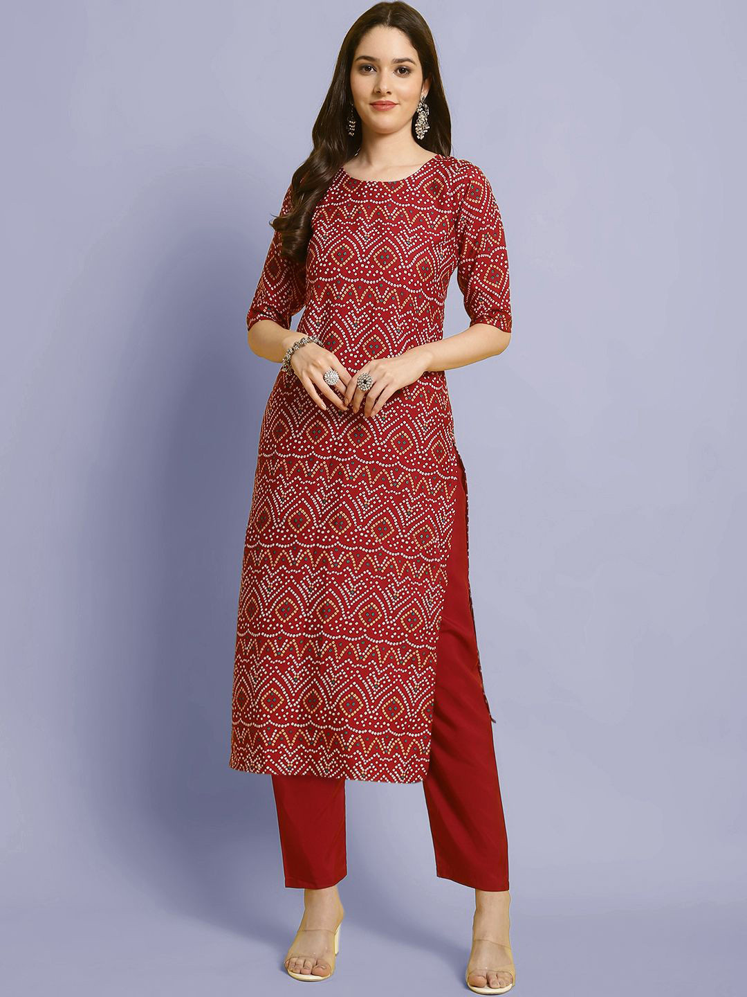 

Moda Rapido Bandhani Printed Round Neck Straight Kurta With Trouser, Maroon