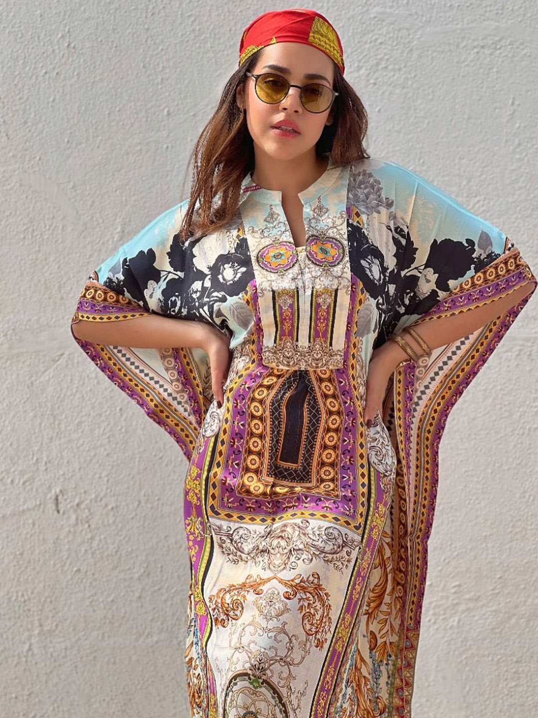 

THE BOOZY BUTTON Floral Printed Summer Rain Short Kaftan Midi Dress, Red