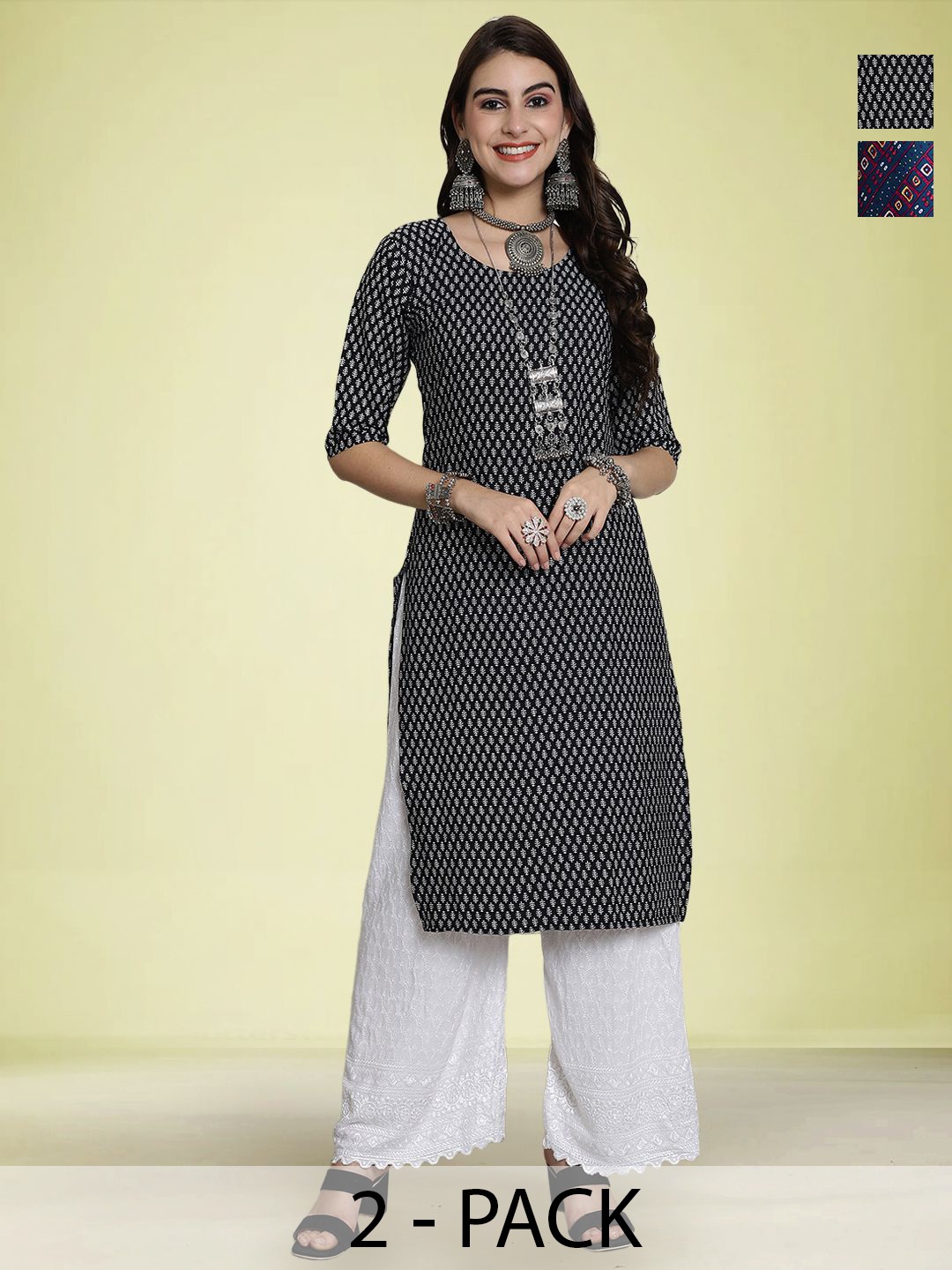 

Moda Rapido Selection Of 2 Floral Printed Round Neck Straight Kurtas, Black