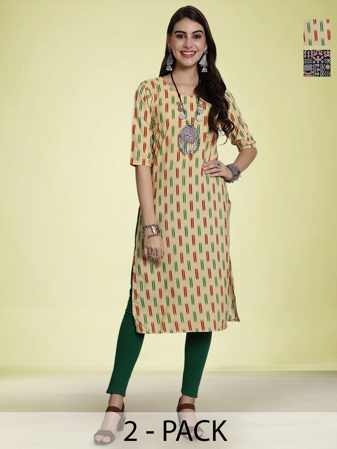 

Moda Rapido Selection Of 2 Geometric Printed Round Neck Straight Kurtas, Yellow