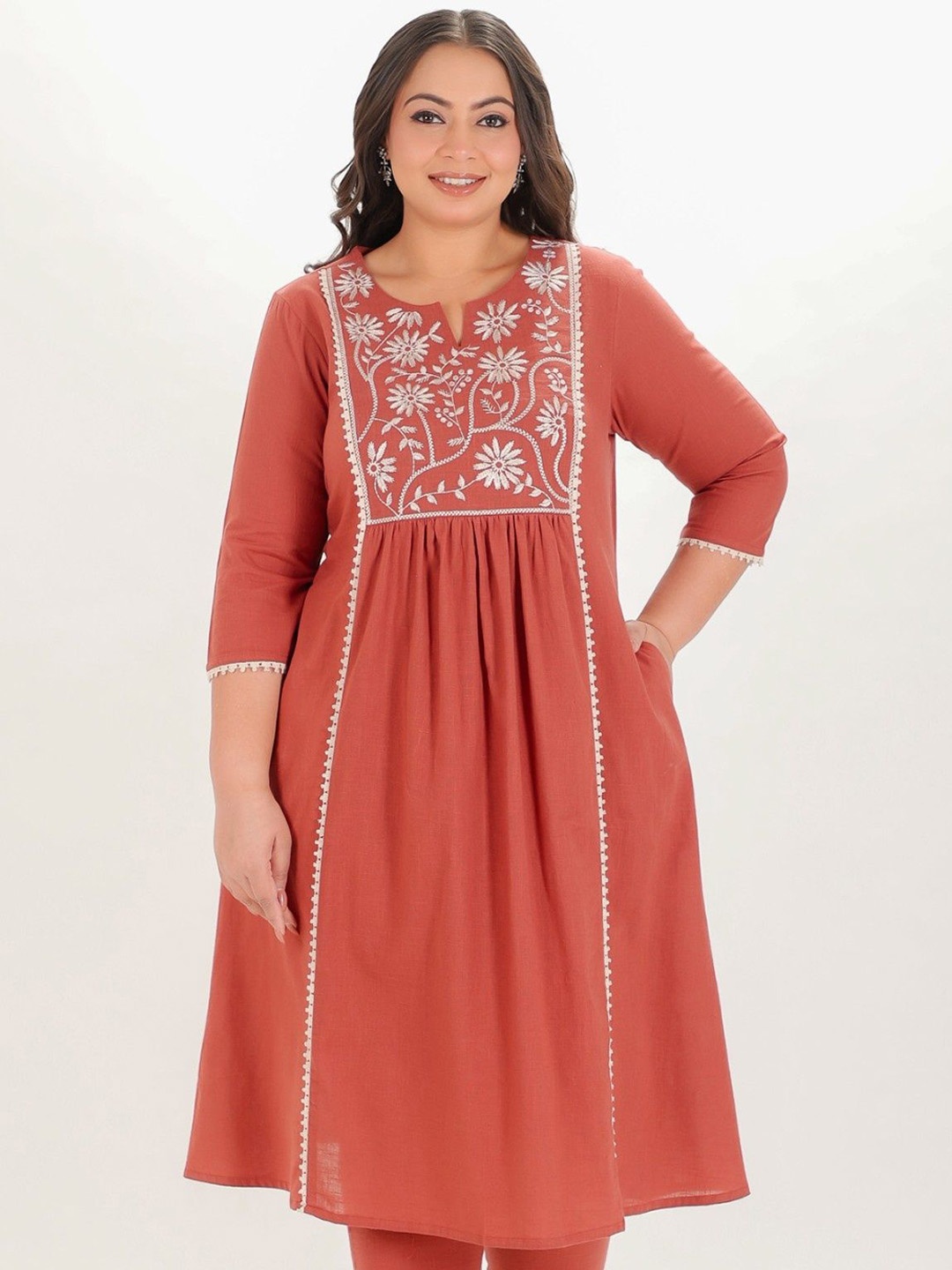 

Aramya Floral Embroidered Notch-Neck Cotton A-Line Kurta, Red