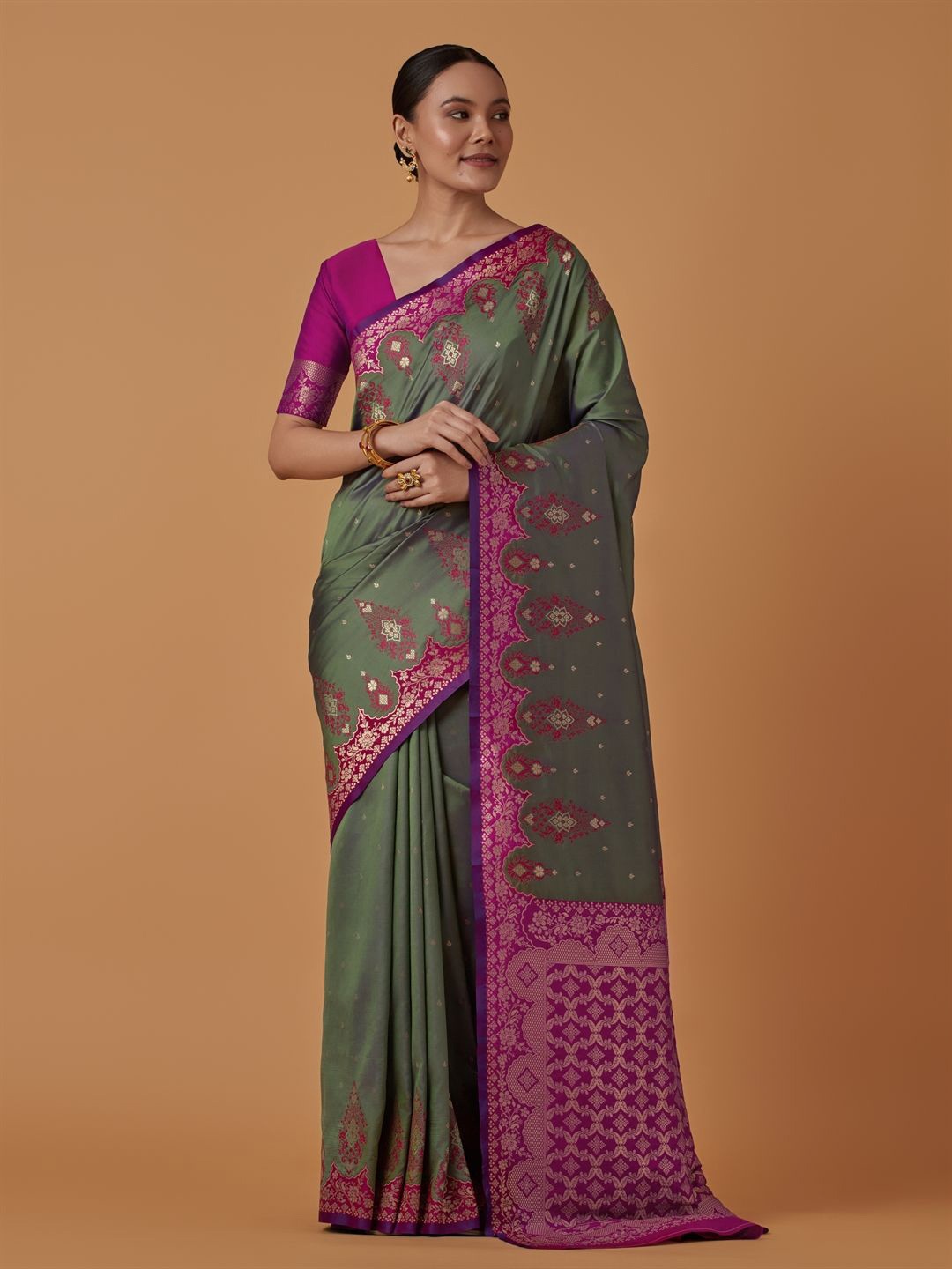 

MONJOLIKA FASHION Ethnic Motifs Zari Designer Banarasi Saree, Olive