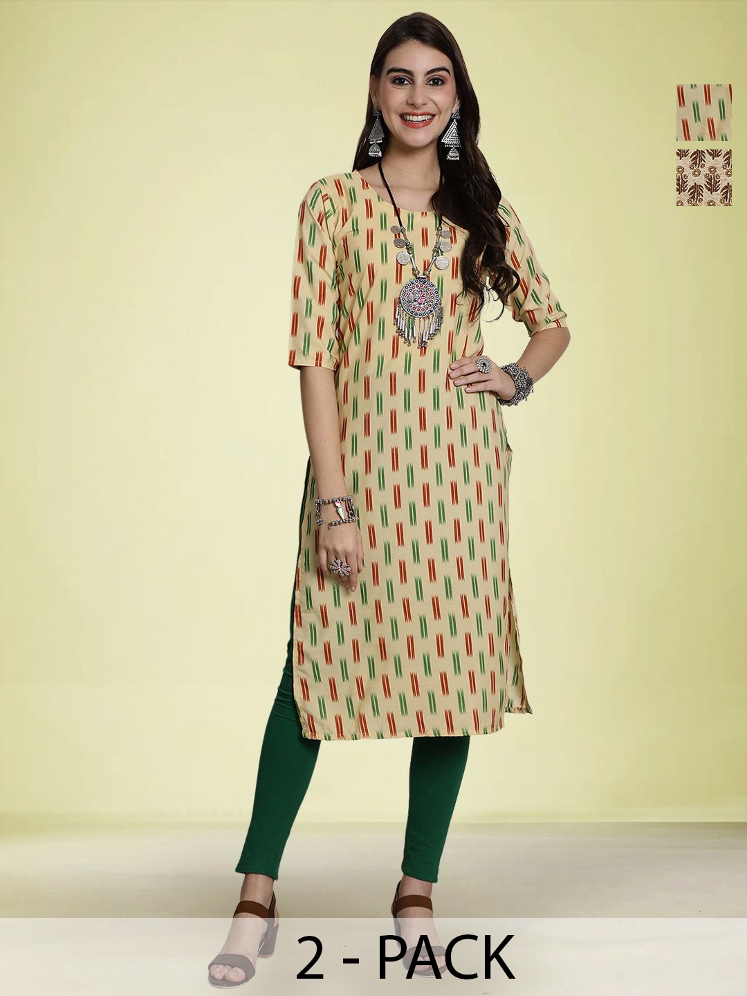 

Moda Rapido Selection Of 2 Geometric Printed Round Neck Straight Kurtas, Yellow
