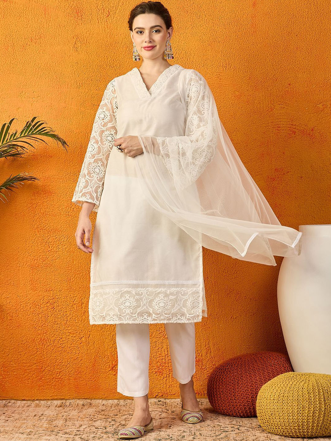 

PANIT White Floral Self Design Lace-Up Organza Straight Kurta With Trouser & Dupatta